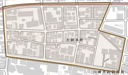 大師本町とその周辺の地図。町の範囲を重ねている