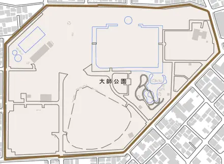 大師公園とその周辺の地図。町の範囲を重ねている