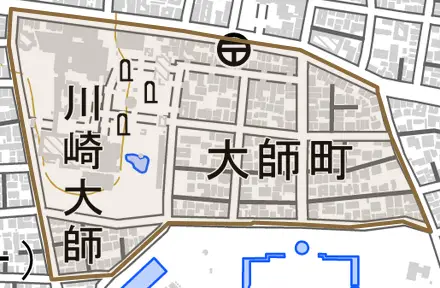 大師町とその周辺の地図。町の範囲を重ねている