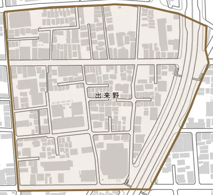 出来野とその周辺の地図。町の範囲を重ねている