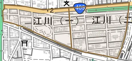 江川とその周辺の地図。町の範囲を重ねている