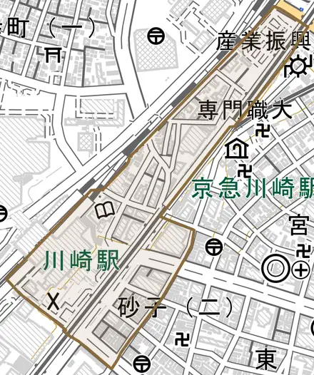 駅前本町とその周辺の地図。町の範囲を重ねている