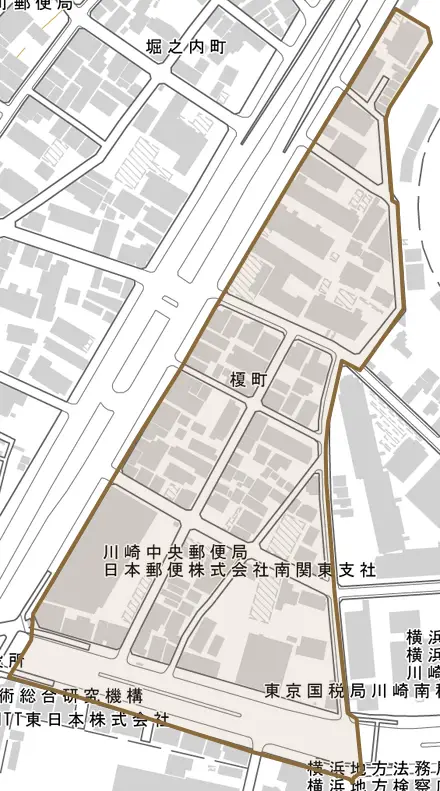 榎町とその周辺の地図。町の範囲を重ねている