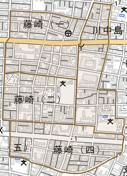 藤崎とその周辺の地図。町の範囲を重ねている
