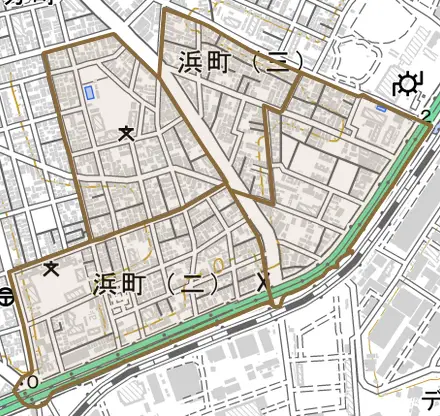浜町とその周辺の地図。町の範囲を重ねている