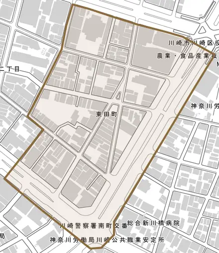 東田町とその周辺の地図。町の範囲を重ねている