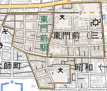 東門前とその周辺の地図。町の範囲を重ねている