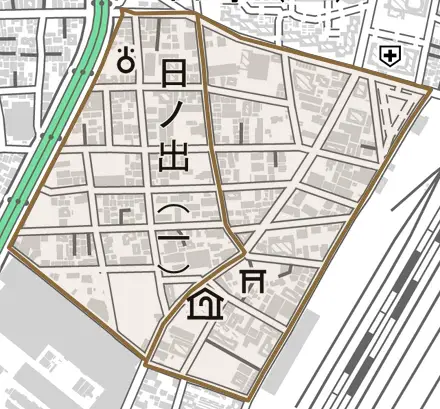 日ノ出とその周辺の地図。町の範囲を重ねている