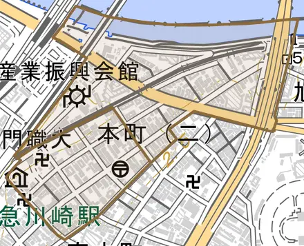 本町とその周辺の地図。町の範囲を重ねている