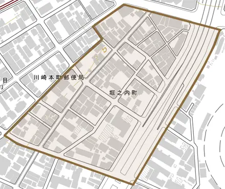 堀之内町とその周辺の地図。町の範囲を重ねている