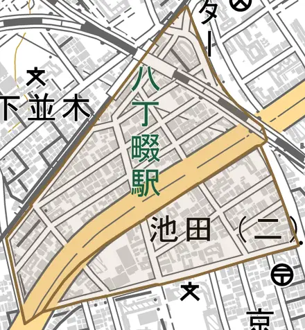 池田とその周辺の地図。町の範囲を重ねている