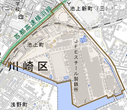 池上町とその周辺の地図。町の範囲を重ねている