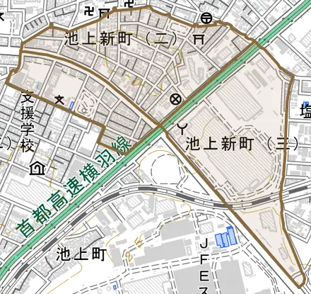 池上新町とその周辺の地図。町の範囲を重ねている