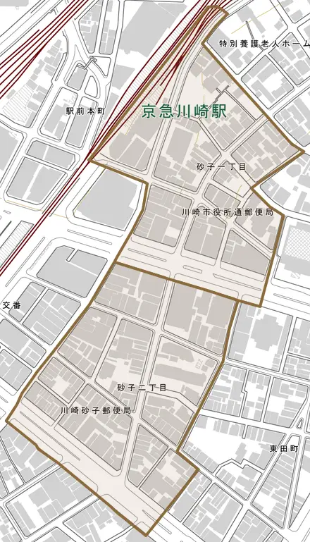 砂子とその周辺の地図。町の範囲を重ねている