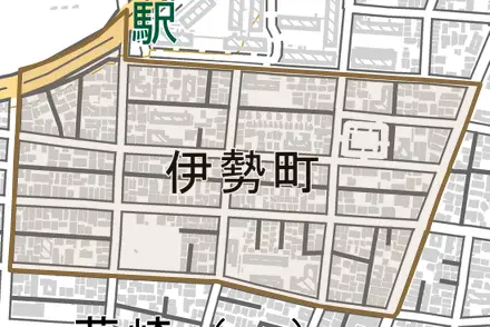 伊勢町とその周辺の地図。町の範囲を重ねている
