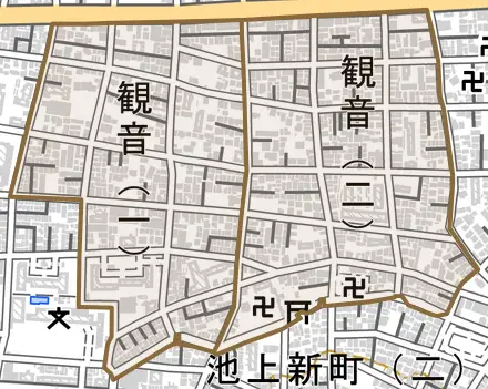 観音とその周辺の地図。町の範囲を重ねている