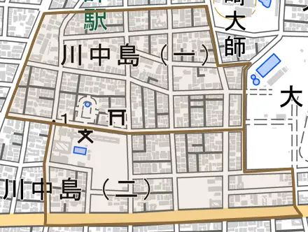 川中島とその周辺の地図。町の範囲を重ねている