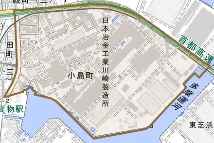 小島町とその周辺の地図。町の範囲を重ねている