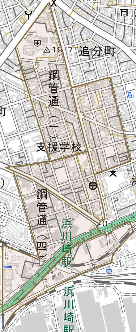 鋼管通とその周辺の地図。町の範囲を重ねている