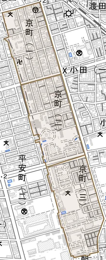 京町とその周辺の地図。町の範囲を重ねている