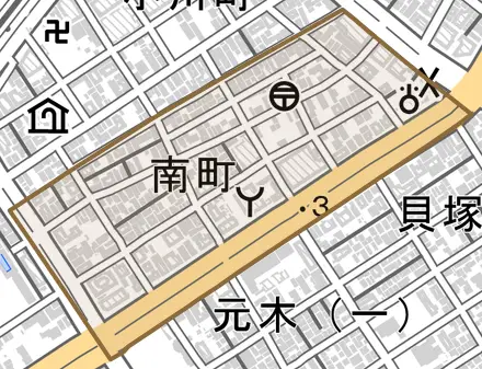 南町とその周辺の地図。町の範囲を重ねている