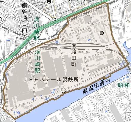 南渡田町とその周辺の地図。町の範囲を重ねている