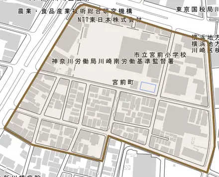 宮前町とその周辺の地図。町の範囲を重ねている