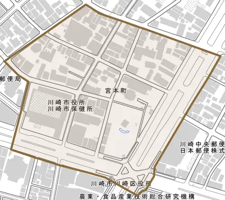 宮本町とその周辺の地図。町の範囲を重ねている