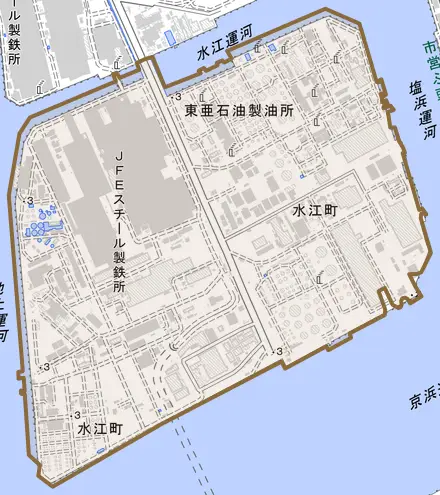 水江町とその周辺の地図。町の範囲を重ねている