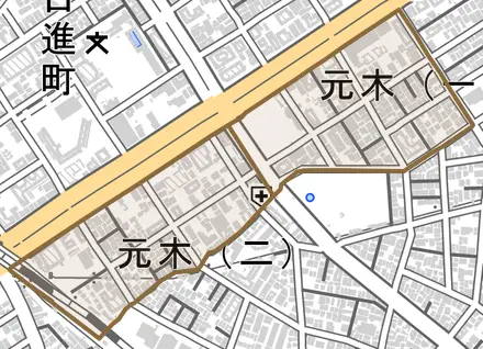 元木とその周辺の地図。町の範囲を重ねている