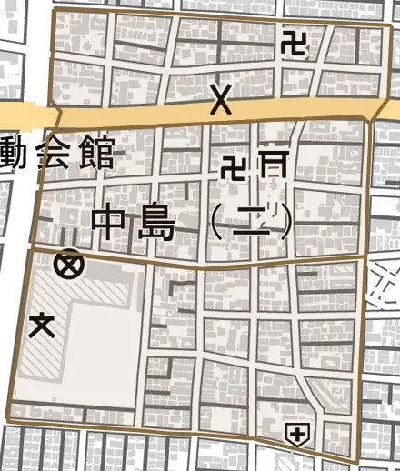中島とその周辺の地図。町の範囲を重ねている
