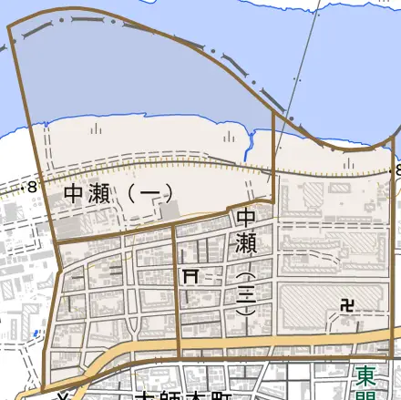中瀬とその周辺の地図。町の範囲を重ねている