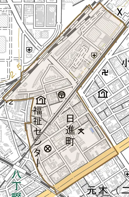 日進町とその周辺の地図。町の範囲を重ねている