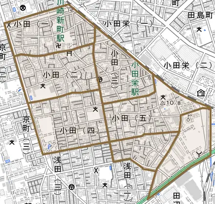 小田とその周辺の地図。町の範囲を重ねている
