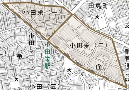 小田栄とその周辺の地図。町の範囲を重ねている