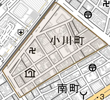 小川町とその周辺の地図。町の範囲を重ねている