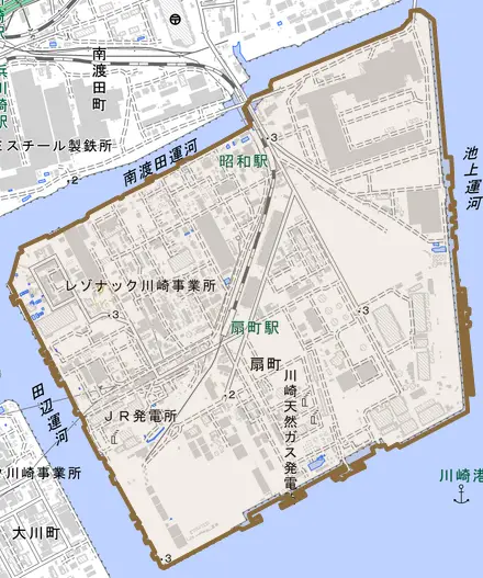 扇町とその周辺の地図。町の範囲を重ねている