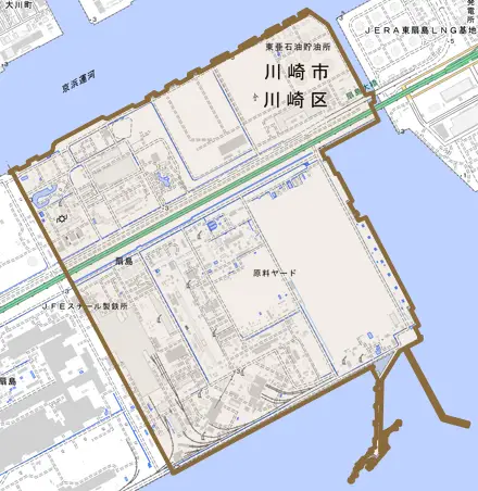 扇島とその周辺の地図。町の範囲を重ねている