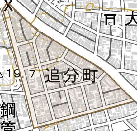 追分町とその周辺の地図。町の範囲を重ねている