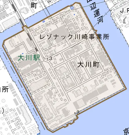 大川町とその周辺の地図。町の範囲を重ねている