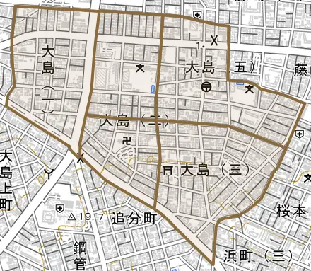 大島とその周辺の地図。町の範囲を重ねている