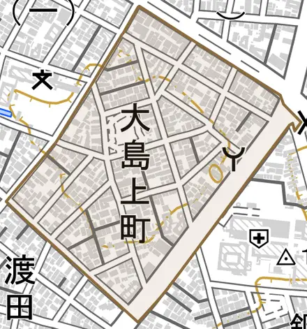 大島上町とその周辺の地図。町の範囲を重ねている