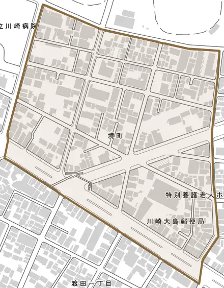 境町とその周辺の地図。町の範囲を重ねている