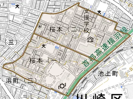 桜本とその周辺の地図。町の範囲を重ねている