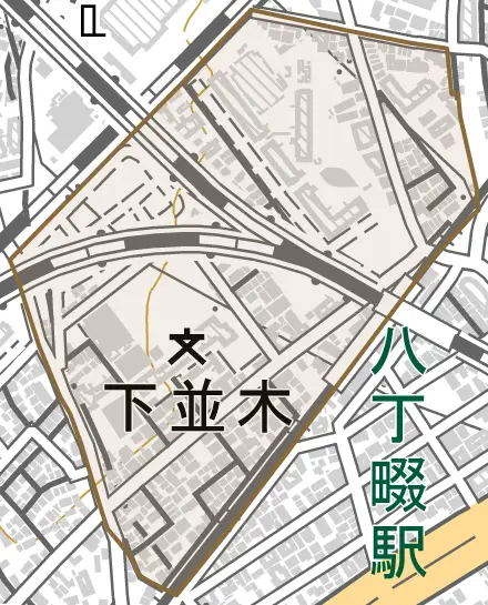 下並木とその周辺の地図。町の範囲を重ねている