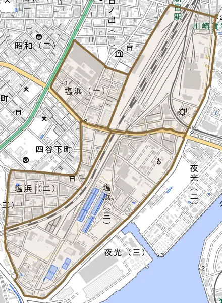 塩浜とその周辺の地図。町の範囲を重ねている