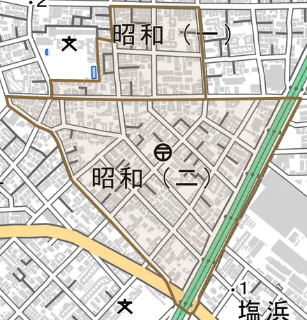 昭和とその周辺の地図。町の範囲を重ねている
