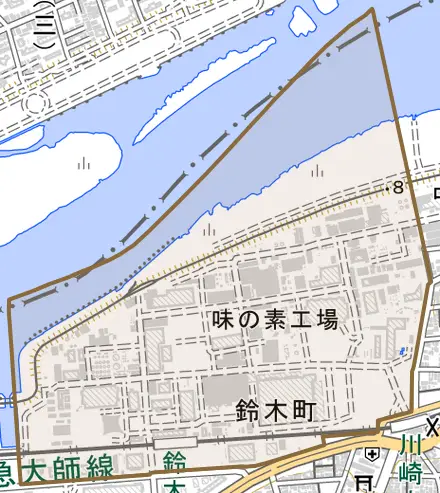鈴木町とその周辺の地図。町の範囲を重ねている