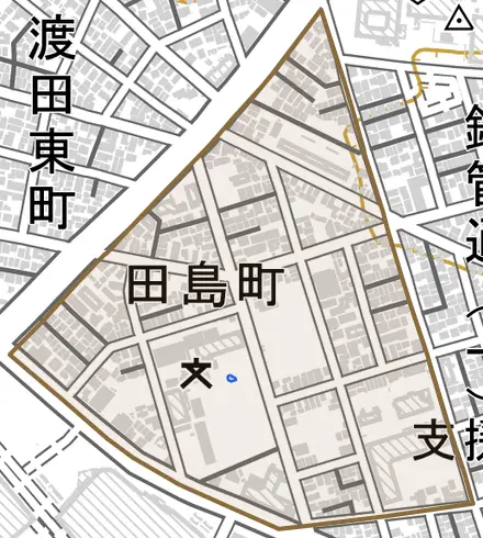 田島町とその周辺の地図。町の範囲を重ねている
