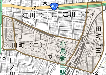 田町とその周辺の地図。町の範囲を重ねている